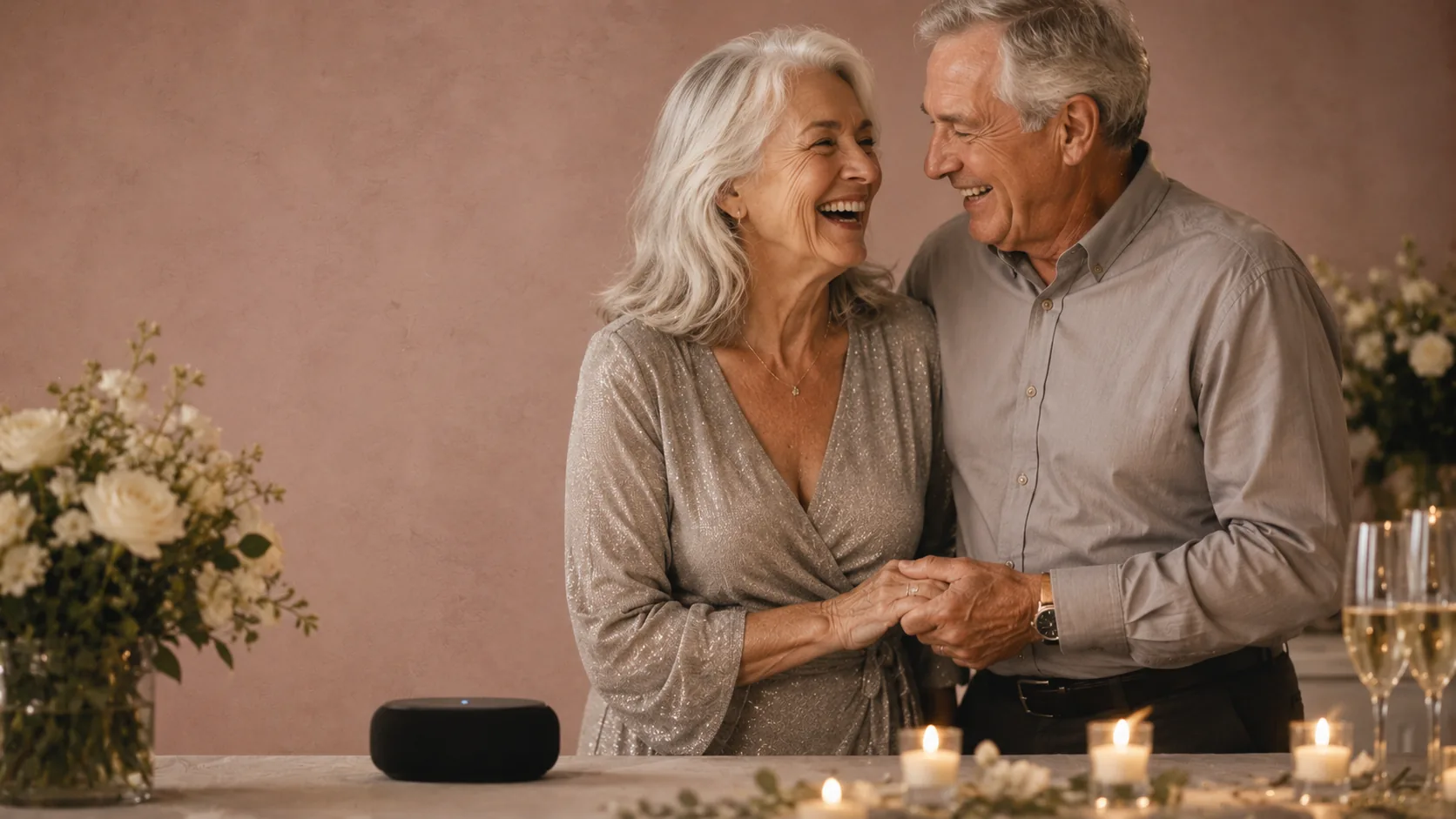 An older couple in their late sixties listening together to a personalized milestone anniversary song from a Bluetooth speaker