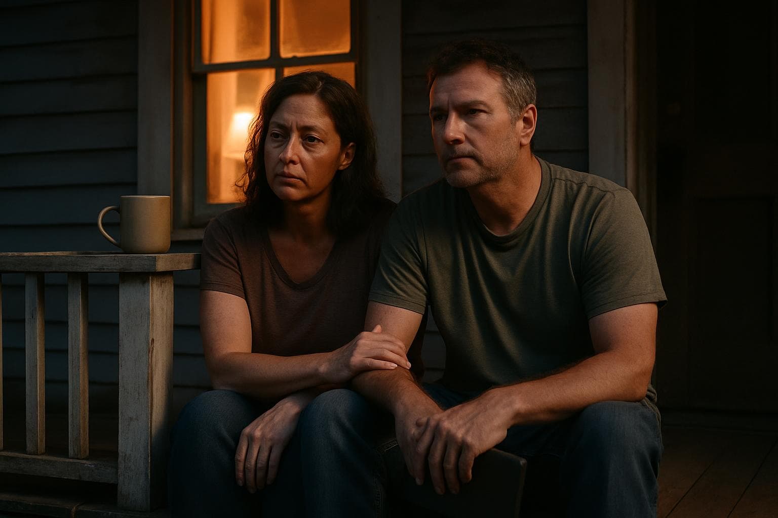 Couple sitting quietly together at dusk after surviving a hard year, showing the weight and relief of making it through