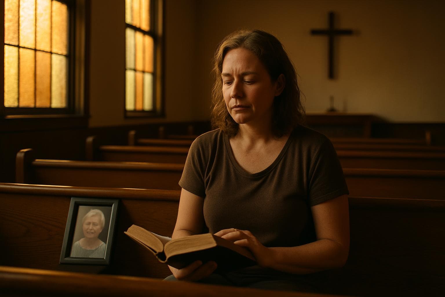 A daughter in a small church holding her mom's hymnal — a country gospel tribute song in memory