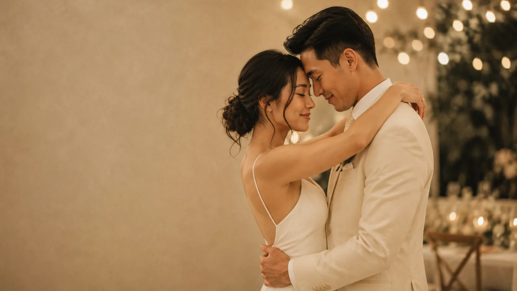 A newlywed couple at their first dance, embracing close with eyes closed, dancing to their custom wedding song