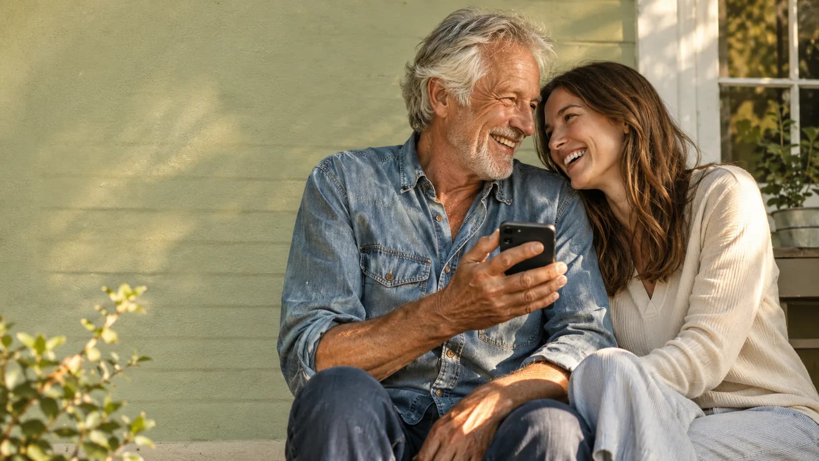 American father in his 60s laughing while listening to a personalized Father's Day song on headphones in his garage workshop