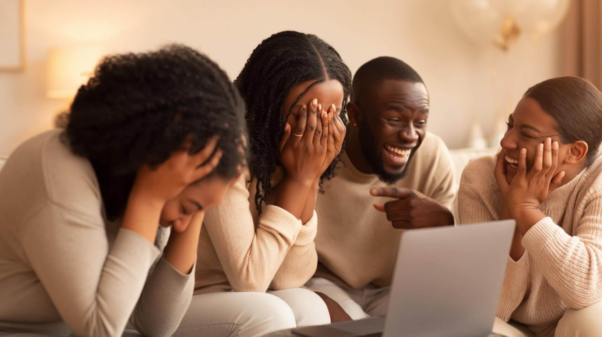 Friends laughing together while listening to a funny birthday song — one person covering their face in laughter