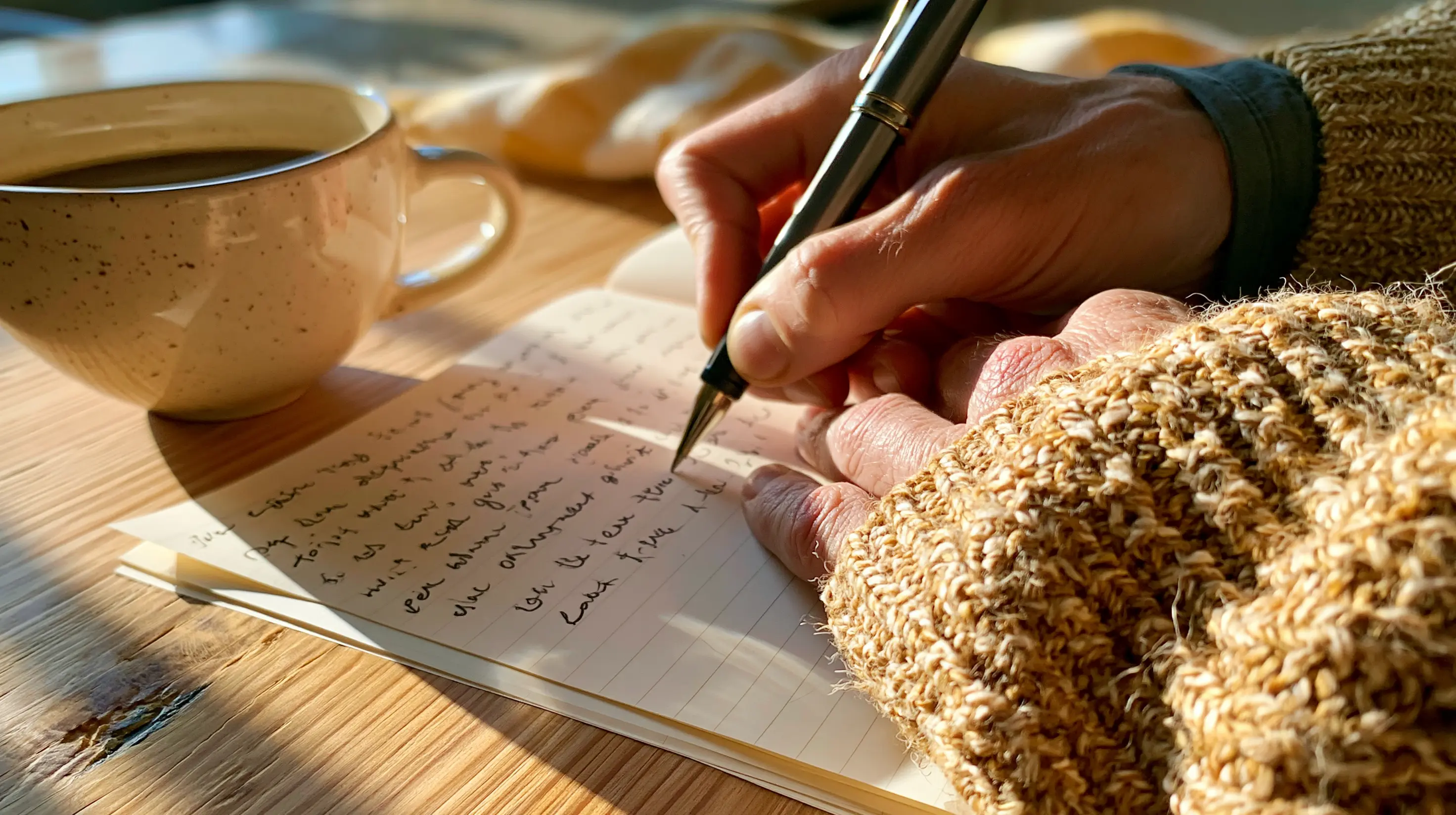 Hands writing notes at a kitchen table, cup of coffee, soft afternoon light