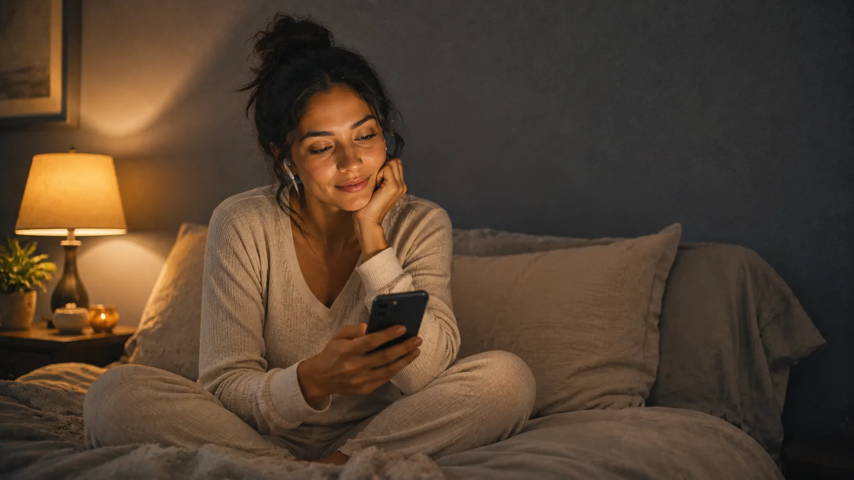 A woman late at night sitting cross-legged on her bed with one earbud in, listening to a personalized long-distance love song