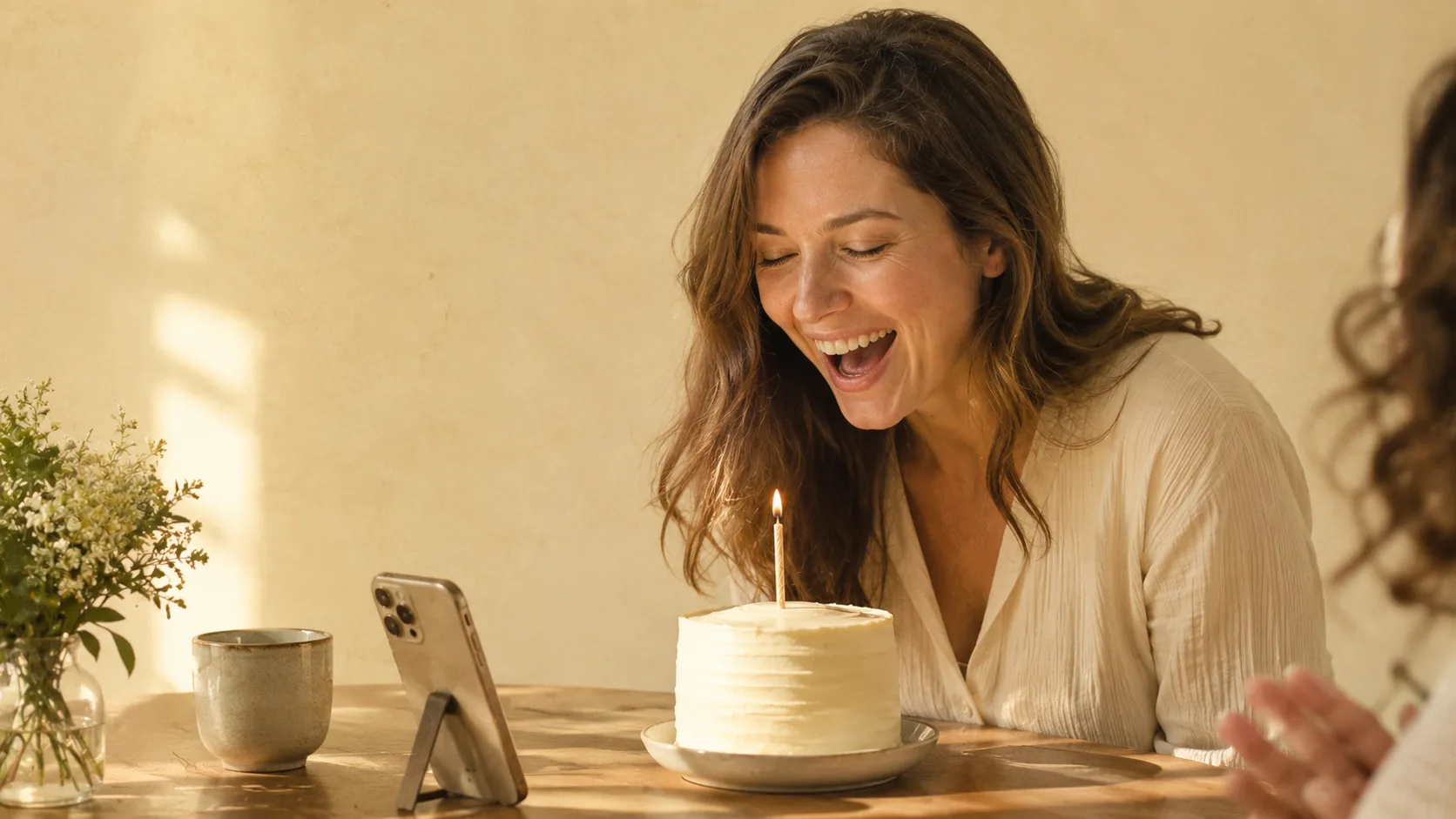 A woman blowing out a single candle on a small birthday cake while a phone plays her personalized happy birthday song