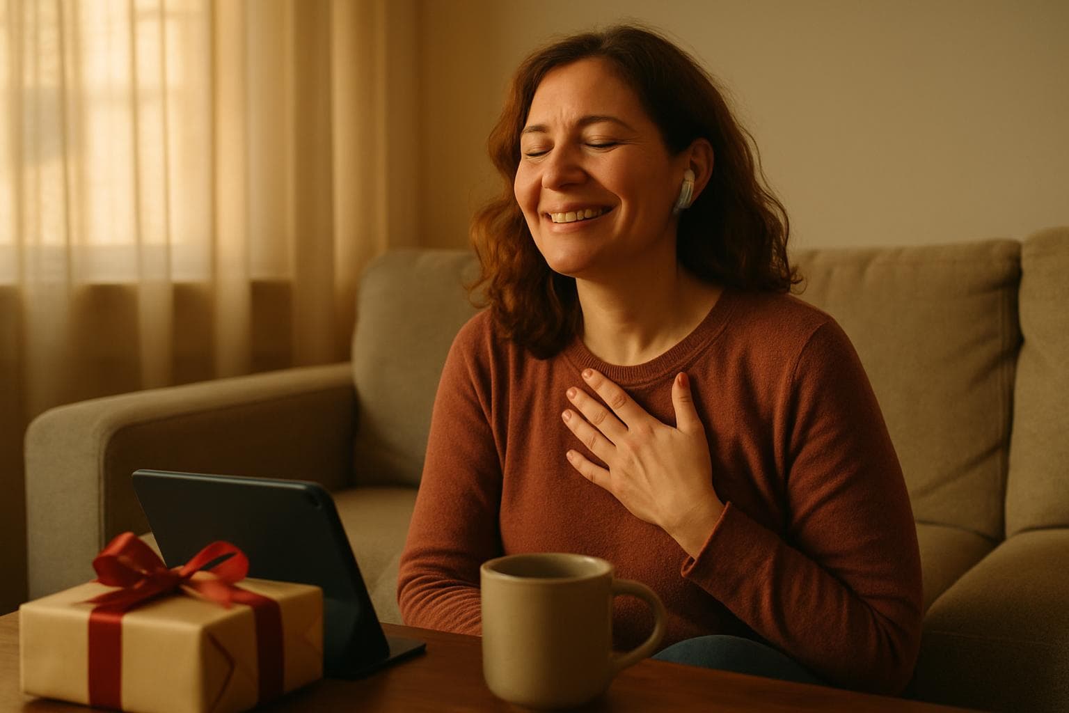 Woman listening to personalized song about her husband, touched by the gift
