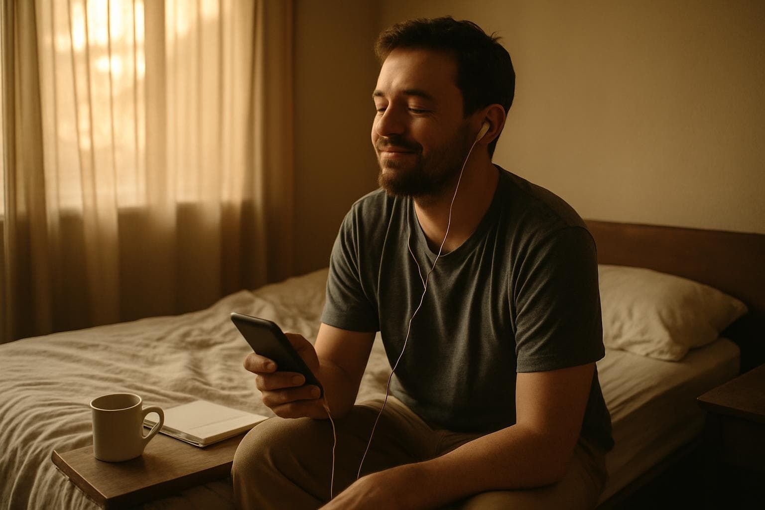 Man listening to personalized song about his wife, morning light, genuine emotion