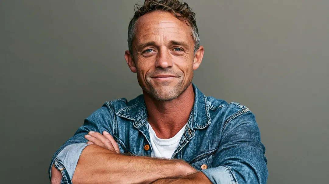 American father in mid-forties in denim — recording a country graduation song for his son