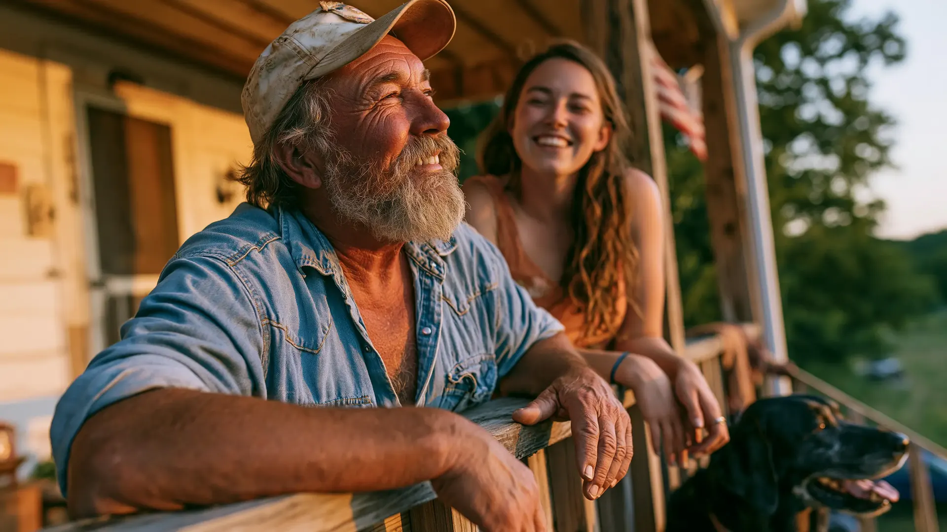An older couple in their late 60s slow-dancing in their kitchen at golden hour, foreheads touching