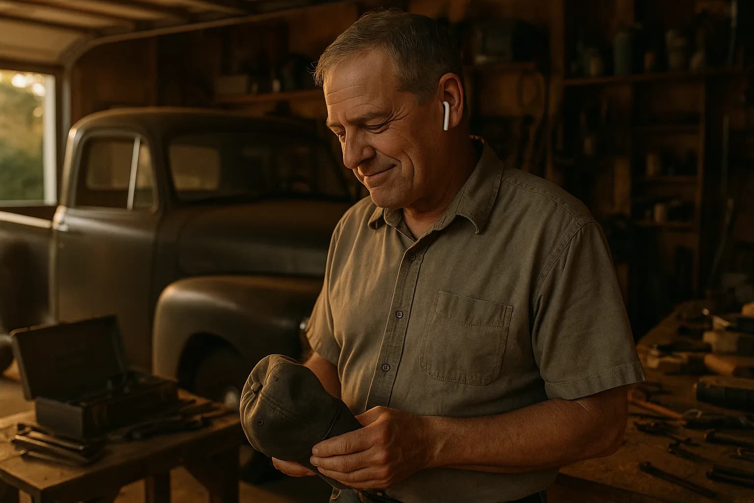 A dad in his garage with an earbud in, holding back emotion as he listens to a personalized Father's Day song made about his life