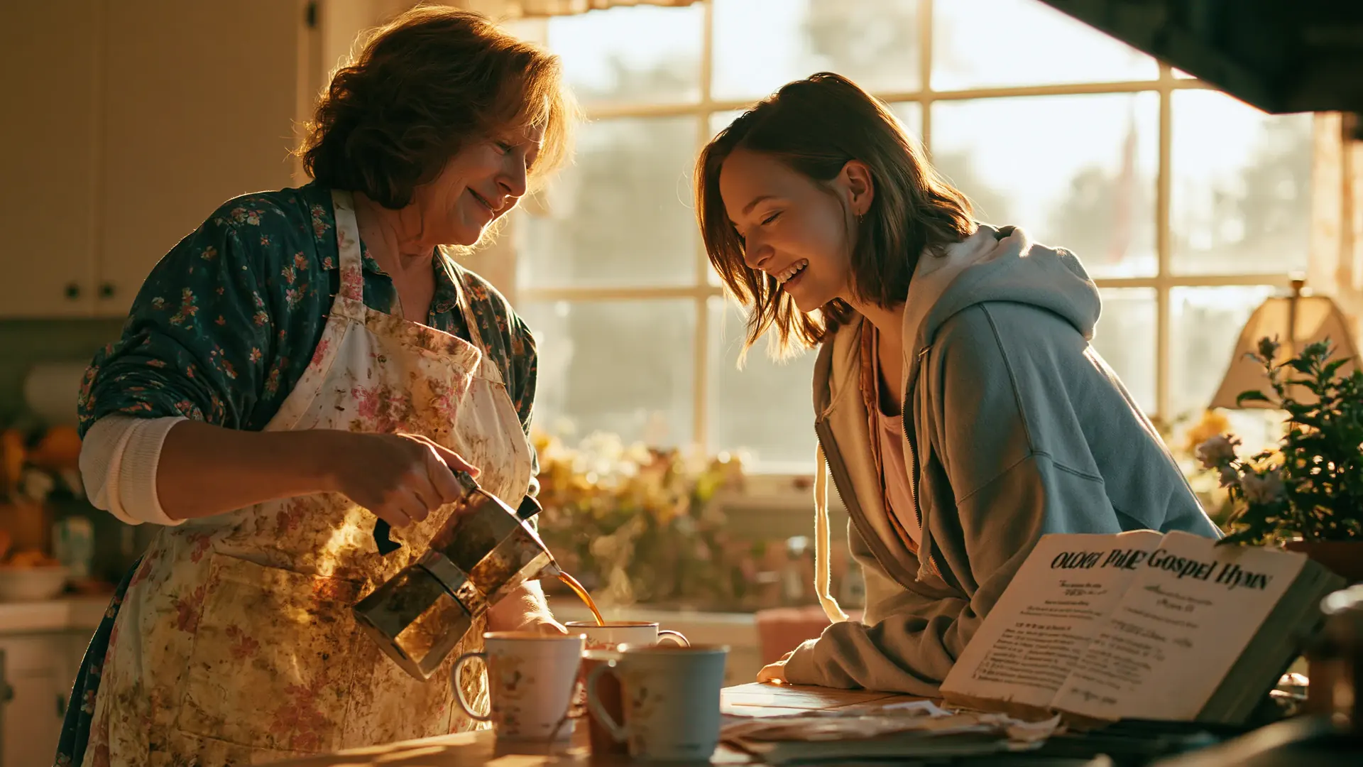 A mother in her late 50s in a sunlit country kitchen pouring coffee for her adult daughter, gospel hymn book on the counter