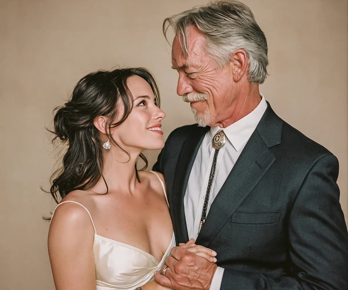 Father walking his daughter down a country aisle, oak trees, late afternoon, both smiling