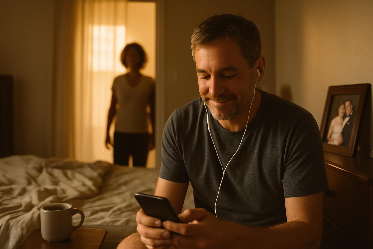 Man listening to a personalized anniversary song he's about to give his wife, morning light, bedroom setting