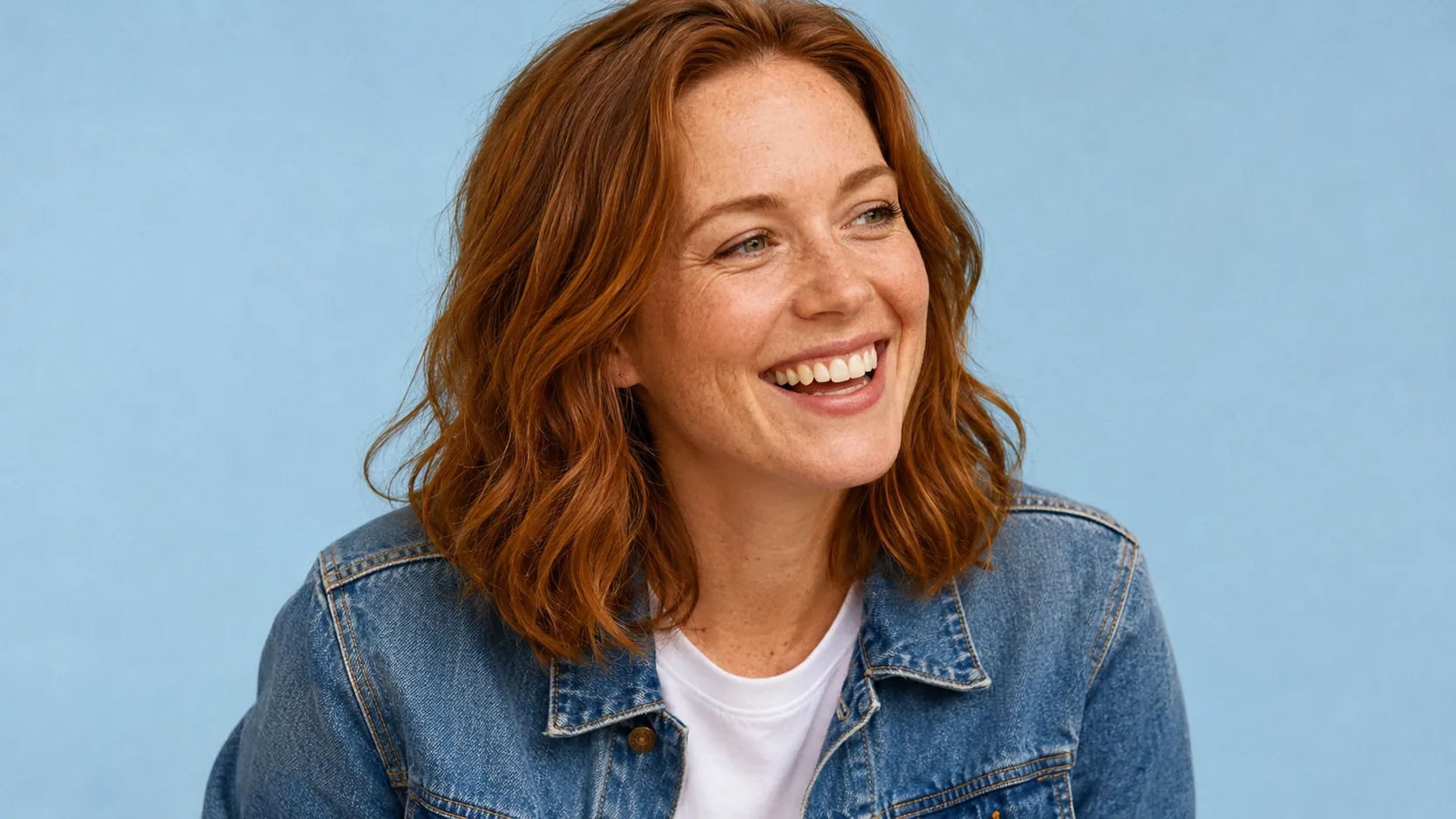 Portrait of Emily — 28-year-old American woman with auburn wavy hair, freckles, denim jacket, warm laugh