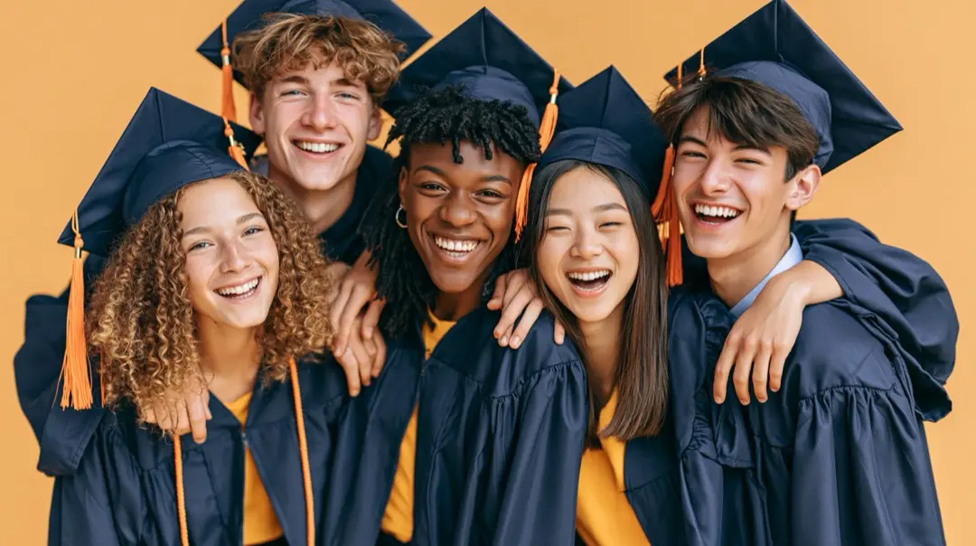 Five diverse American graduates in caps and gowns — class anthem song for the whole graduating friend group